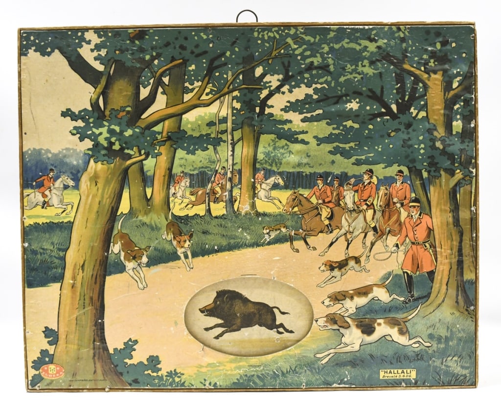 Antique Wind-Up Hunting Motion Shooting Gallery: Unique antique wind-up hunting motion shooting gallery by Eureka. When the target animal is shot it rotates and switches to a different animal. Appears to be in overall fair working condition with pai