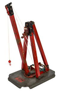 "Samson" Kiddies Metal Toys Collapsible Derrick: Original Samson Kiddies Metal Toys Inc. collapsible derrick. The string and hook have been replaced. The paint is in original condition. Part of the original Samson decal is showing. The derrick has p