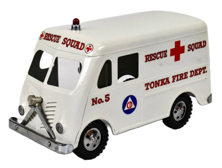 Restored Tonka Civil Defense Rescue Squad Van: Restored Tonka Civil Defense rescue squad fire dept. metro van No. 5. The metro van is in nice restored condition with some scuffs and knicks from storage and display. Measures approximately 12" long.