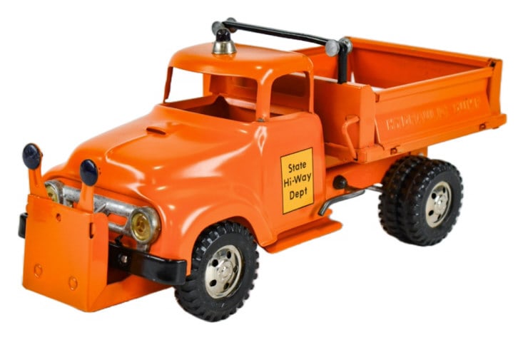 Restored Tonka State Hi-Way Dept Hydraulic Dump: Restored Tonka State Hi-Way Dept hydraulic dump truck. The truck comes with the mounting bracket for the plow. The hydraulic cylinder needs put on. Nice restoration. Measures approximately 14" long.