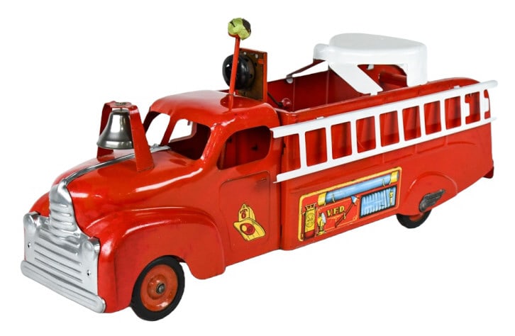 Marx Ridem Fire Truck: Marx Sit N Ride fire truck. The truck is missing the steering wheel. The truck has some older paint touch ups. Measures approximately 31" long.