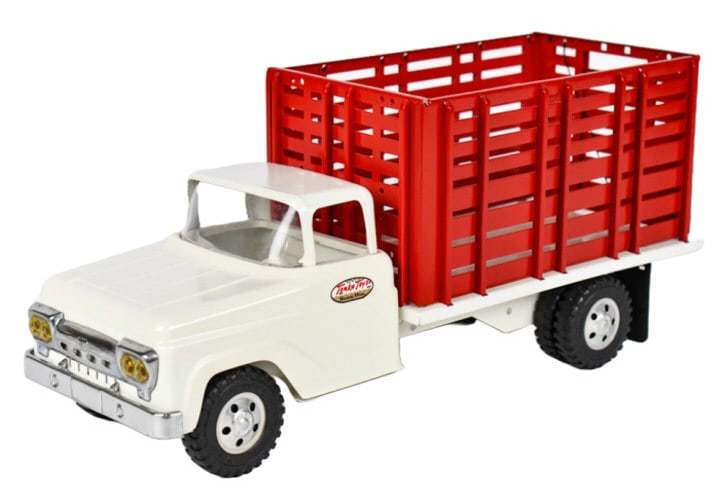 Restored 1958 Tonka Farms High Rack Stake Truck: Professionally restored 1958 Tonka Farms high rake stake truck. Good condition with a nice restoration. Measures approximately 16" long.