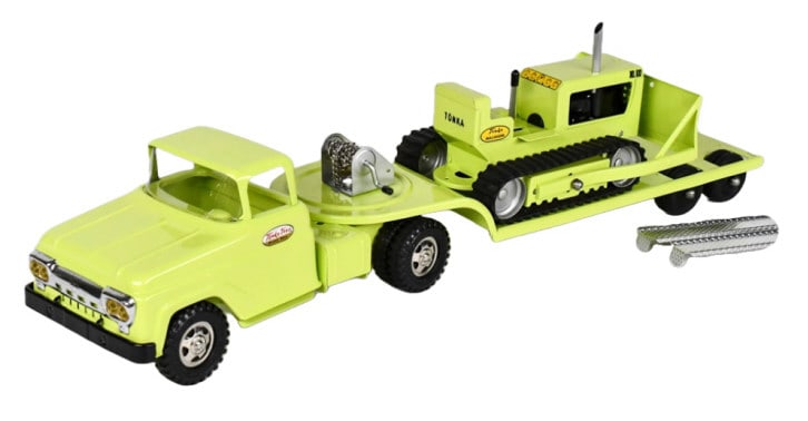 Custom Tonka Lime Green Truck w/ Lowboy & Dozer: Custom restored Tonka Lime Green truck with lowboy and No. 100 bulldozer. Dislays well with winch, chrome features, and a nice paint job. Good condition. Measures approximately 26" long.
