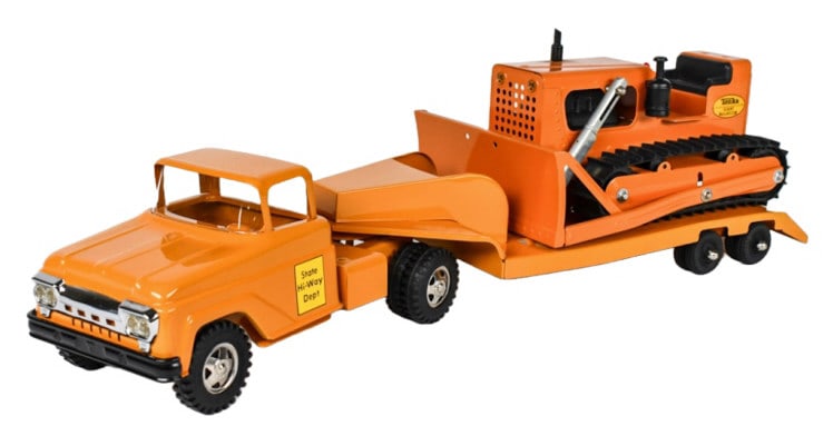 Restored Tonka State Hi-Way Truck w/ Giant Dozer: Restored Tonka State Hi-Way Dept truck with trailer and Giant Bulldozer. The bulldozer appears to be a very nice original. The truck and trailer are in nice restored condition. Measures approximately