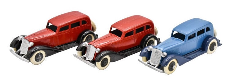 (3) Restored Tootsietoy Graham 5-Wheel Sedan Cars: (3) Restored Tootsietoy Graham 5-wheel Sedan cars. Good restored condition with some cracking to the wheels and storage wear. Each measures approximately 4" long.