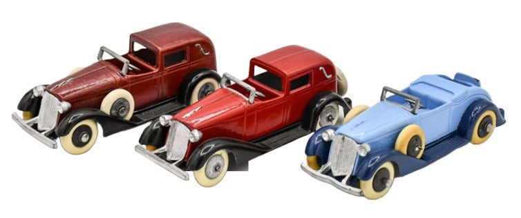 Restored Tootsietoy Graham Town Cars & Convertible: (2) Restored Tootsietoy Graham town cars and (1) convertible with rumble seat. Good restored condition with some wear from storage. Each measures approximately 4" long.
