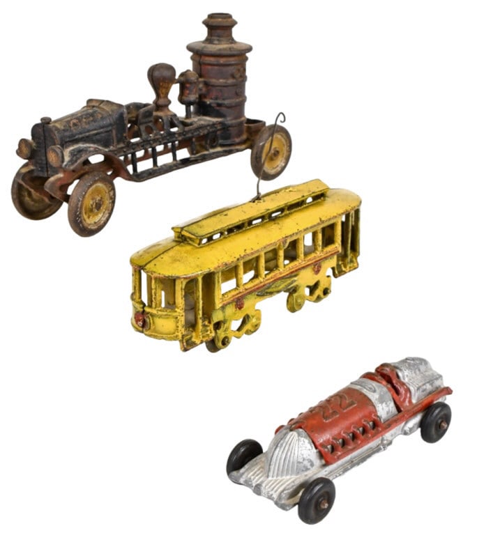 Cast Iron Fire Truck, Trolley, & Hubley Racer (1 of 9)
