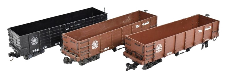 LGB D&RGW & (2) Bachmann D&RGWRR Gondola Cars: G Scale LGB D&RGW gondola car and (2) Bachmann D&RGWRR gondola cars. All have some wear from use and display.