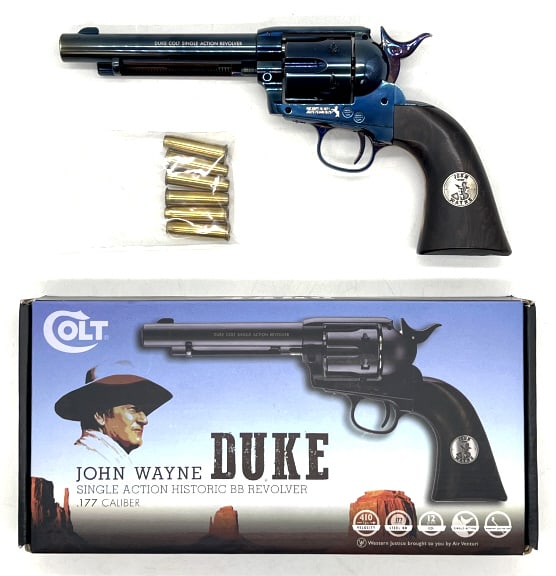 Colt John Wayne C02 Pellet Revolver in Box: Colt John Wayne C02 Pellet Revolver in Box. Revolver is in new condition and in the original box with paperwork. This revolver shoots the .177 caliber pellet. Beautiful finish to pellet gun with John 