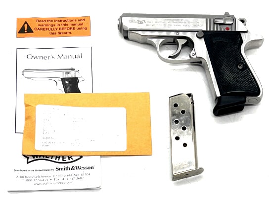 Smith & Wesson Walther PPK/S .9mm Kurz Pistol: Smith & Wesson Walther PPK/S .9mm Kurz Pistol. Pistol has a 3 1/4 inch barrel and is in very nice used condition. Pistol has black Walther grips and comes with paperwork and one extra magazine. SN: 63