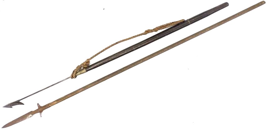 Togglehead Whaling Harpoon & Spear: Togglehead Whaling Harpoon & Wood Handle Spear. Wood handle spear is 8.5 feet long. Harpoon measures 85 inches long. Both weapons are in nice used condition.