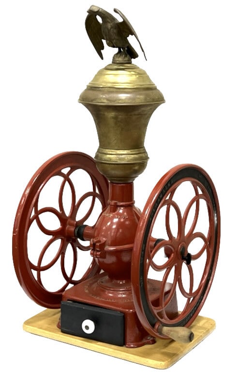 Antique Enterprise Mfg. Cast Iron Coffee Grinder: Antique Enterprise Mfg. Cast Iron Coffee Grinder. Patented 1873. This Grinder is in good condition with Brass Accents, Eagle. *overall measures 17in x 16in x 30in