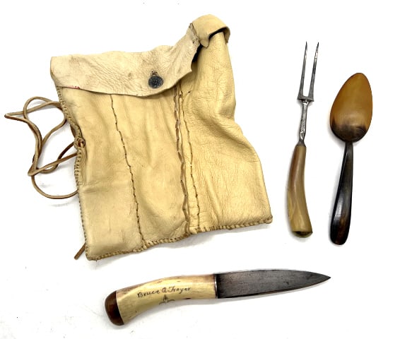 Powder Horn Handle Fork,Knife & Spoon W Bag: Powder Horn Handle Fork, Knife & Spoon with Bag. Handles have a gentlemans name inked on them. Items are in nice used condition with some rust on one of the forks. Knife measures 8 1/4 inches long.
