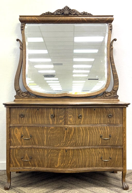 Victorian Tiger Oak Dresser Chest with Mirror: Victorian Tiger Oak Dresser Chest with Mirror, carved wood, claw foot, curved front. This Dresser chest is in good condition. *measures 48in x 23in x 74in