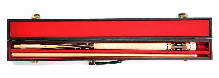 Brunswick 2 Piece Pool Cue and Case: Brunswick 2 Piece Pool Cue and Case. The 1960s cue has a irish linen wrap and a 4-sharp points design. There is mother-of-pearl inlays dots and collars. Very good condition with some dents, scratches,