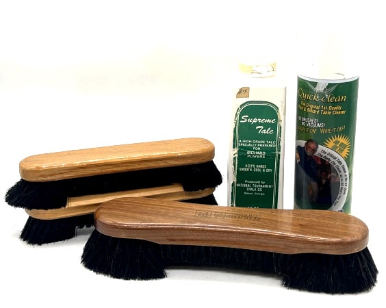 Brunswick Billiard Table Brush, Cleaner and More: Brunswick Billiard Table Brush, two unmarked. Supreme Talc Billiard Powder, and Spray Quick Clean.