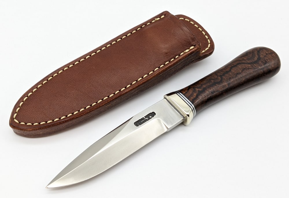 Randall Made 4in Gambler w/ Randall Sheath: Randall Made 4in Gambler w/ Randall Sheath. Knife features stainless steel blade, reduced style nickel hilt and east indian rosewood handle. Knife is in very nice condition. Blade length of 4in and ov