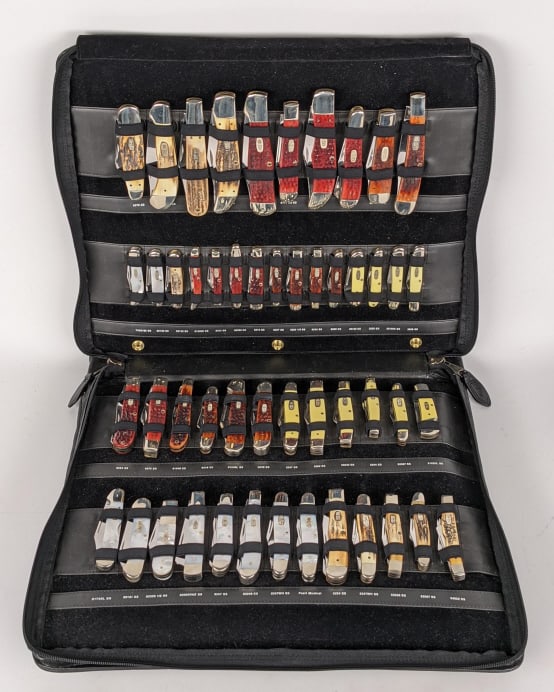 2000 Case XX Limited Millennium 50 Piece Set: 2000 Case XX Limited Milenium 50 Piece Set No. 174 of 500 w/ Carrying Case. Set comes with 50 knives featuring different designes or handle materials including bone, stag, yellow synth, and pearl. All