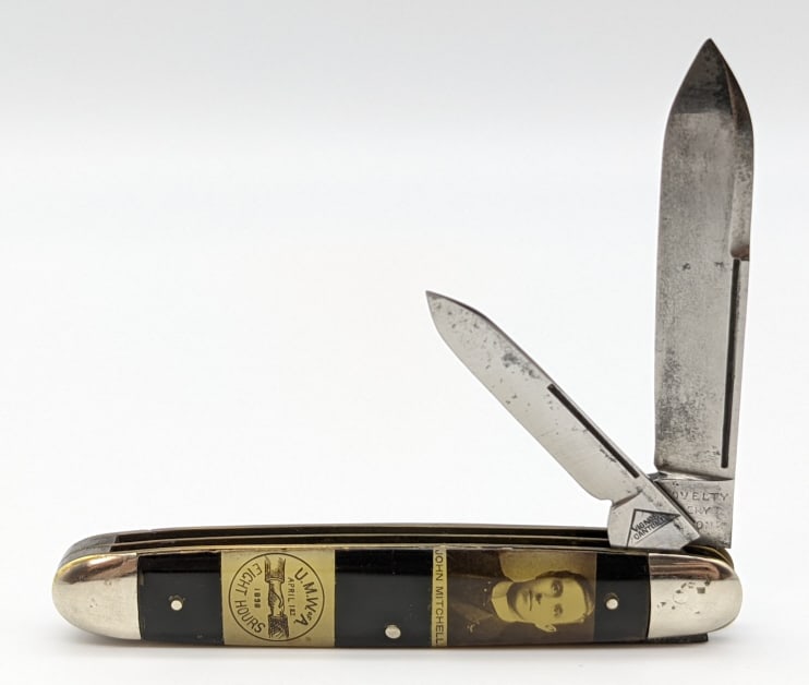 Novelty Cutlery Co. UMW of A Celebratory Knife: Novelty Cutlery Co. United Mine Workers of America Celebratory Cigar Knife. Knife handles depict organizations leaders including John Mitchell, T.L. Lewis, and W.B. Wilson in celebration of achieving