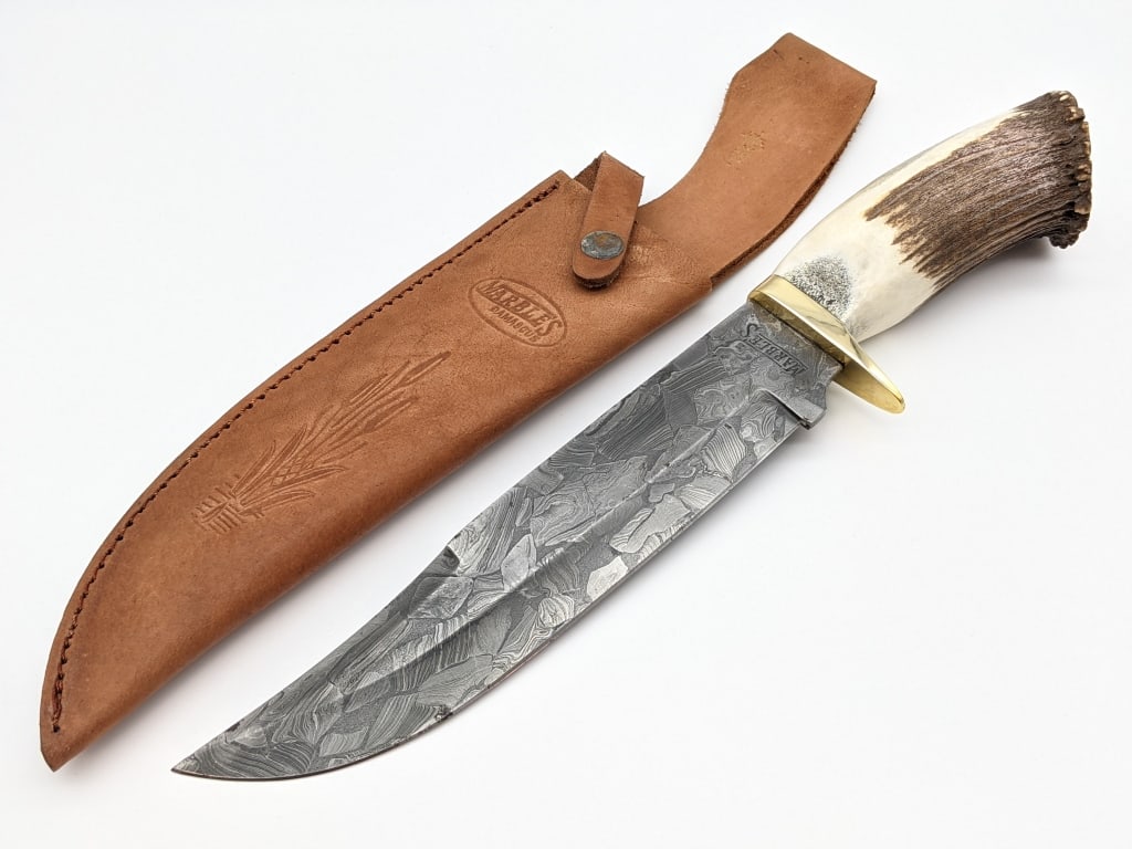 Marbles Crown Stag Damascus Bowie Knife W/ Sheath Marbles Crown Stag Damascus Bowie Knife W/ Sheath