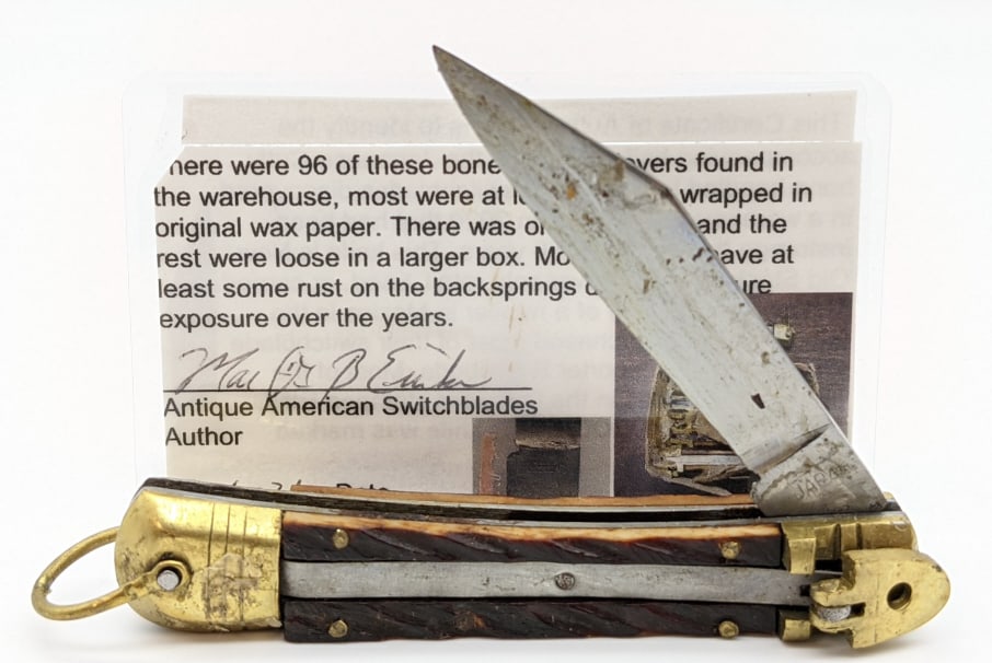 Cutly Japan Lever Lock Bone Switchblade: Cutly Japan Lever Lock Bone Switchblade w/ Note of Provinance. Knife is new old stock found in storage at a retailers in Mexico. Knife has wear from age and has never been cleaned or used. Blade lengt
