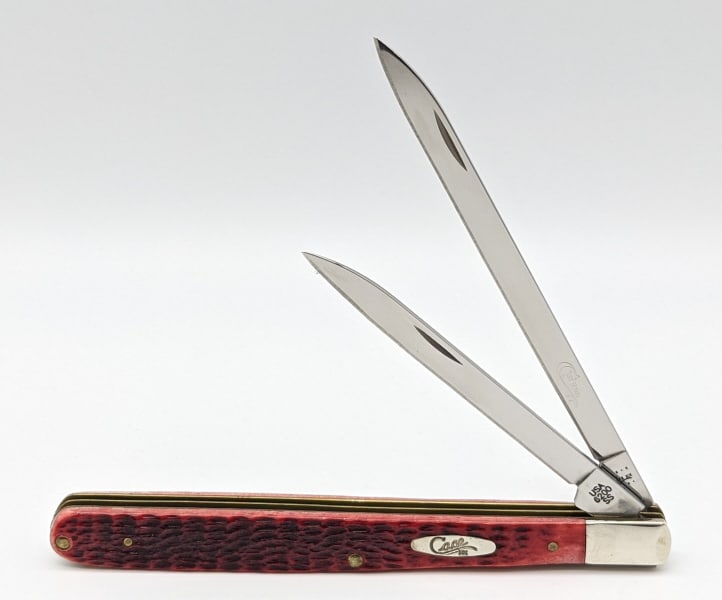 2011 Case XX 1st Run Red Jig Bone Melon Tester: 2011 Case XX 1st Run Red Jig Bone Melon Tester 6200. Knife is very nice condition with some wear on the bolsters from handling. Largest blade length of 4-7/8in and overall length of 10in when open.