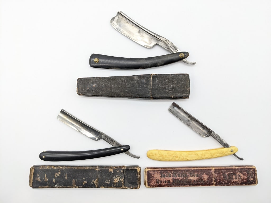 Wade & Butcher, H Boker, & Hibbard Spencer Razors: Wade & Butcher, H Boker, & Hibbard Spencer Straight Razors w/ Boxes. Razors feature horn, black plastic, and immitation bone handles, and other detailing work on the blades. All knives are in nice age