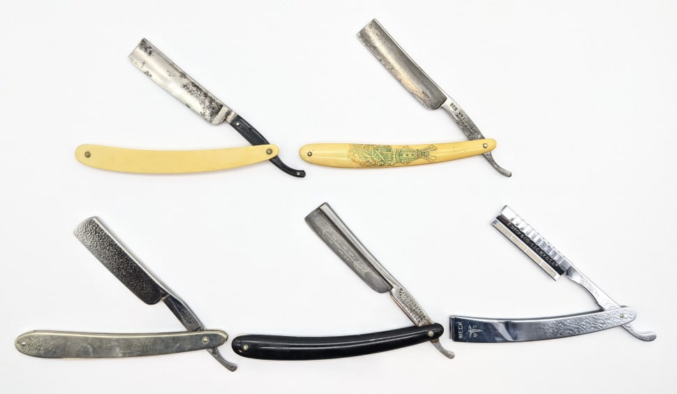 5) Various Brand Straight Razors: 5) Various Brand Straight Razors. Brands include Shapleigh, Weck, WM Elliot, Bechon, and Joh Engstrom. Razors feature black plastic, immitation bone, and metal handles, and other detailing work on the