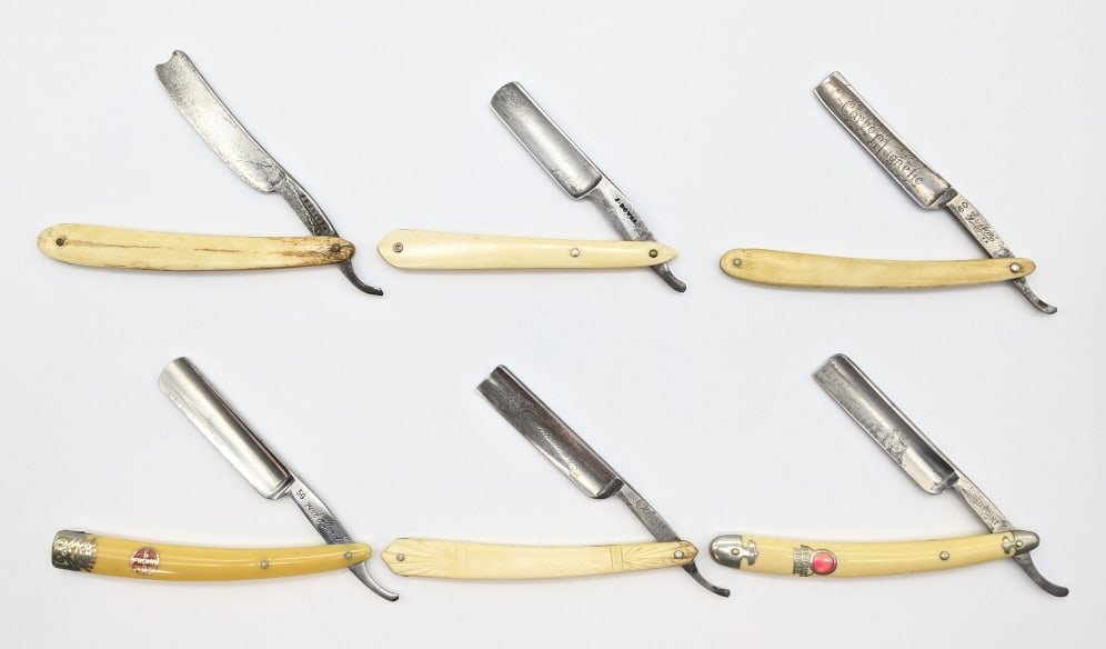 6) Various Brand Straight Razors: 6) Various Brand Straight Razors. Brands include Griffon, J. Bower, Prolific, Clauss, Red Point, and Red Head. Razors feature immitation bone or real bone handles and other detailing work on the blade
