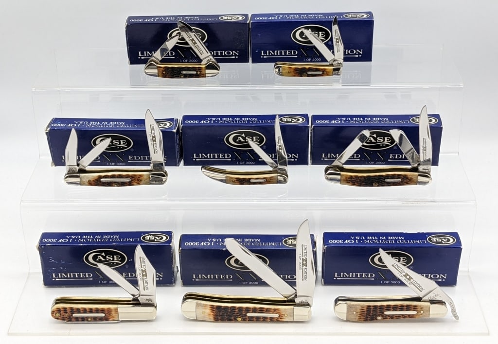 8) 2006 Case XX Limited Dark Molasses Jig Bone: 8) 2006 Case XX Limited 1 of 3000 Dark Molasses Jig Bone Knives w/ Boxes. Knives include Russlock 61953L, Barlow 62009 1/2, Splitback Whittler 6383WH, Trapper 6254, Tiny Toothpick 620096, Tiny Trapper