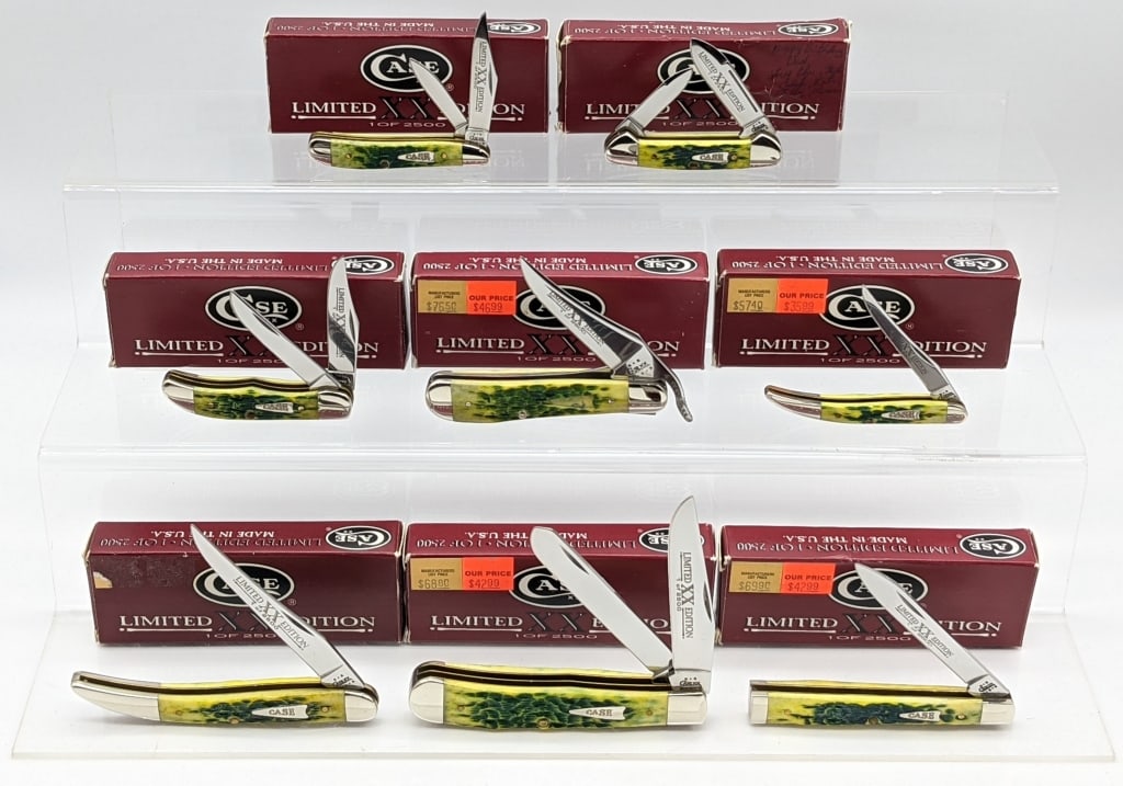 8) 2002 Case XX Limited Lemon Lime Jig Bone Knives: 8) 2002 Case XX Limited 1 of 2500 Lemon Lime Jig Bone Knives w/ Boxes. Knives include Trapper 6254, Russlock 61953L, Toothpick 610094, Texas Toothpick 610096, Pocket Hunter TH62165, Doctors Knife 6185