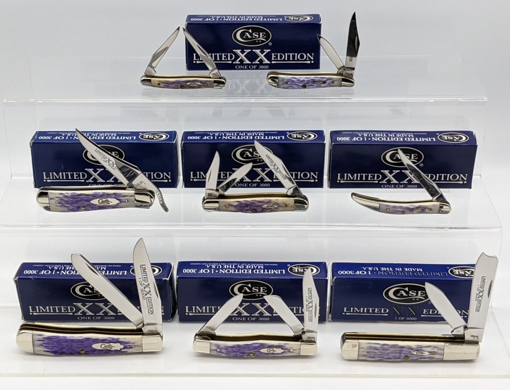 8) 2008 Case XX Limited Periwinkle Jig Bone Knives: 8) 2008 Case XX Limited 1 of 3000 Periwinkle Jig Bone Knives w/ Boxes. Knives include Stockman 63032, Trapper 6254, Tiny Toothpick 610096, Tiny Muskrat, Russlock 61953L, Razor 62005 RAZ, Peanut 6220, 