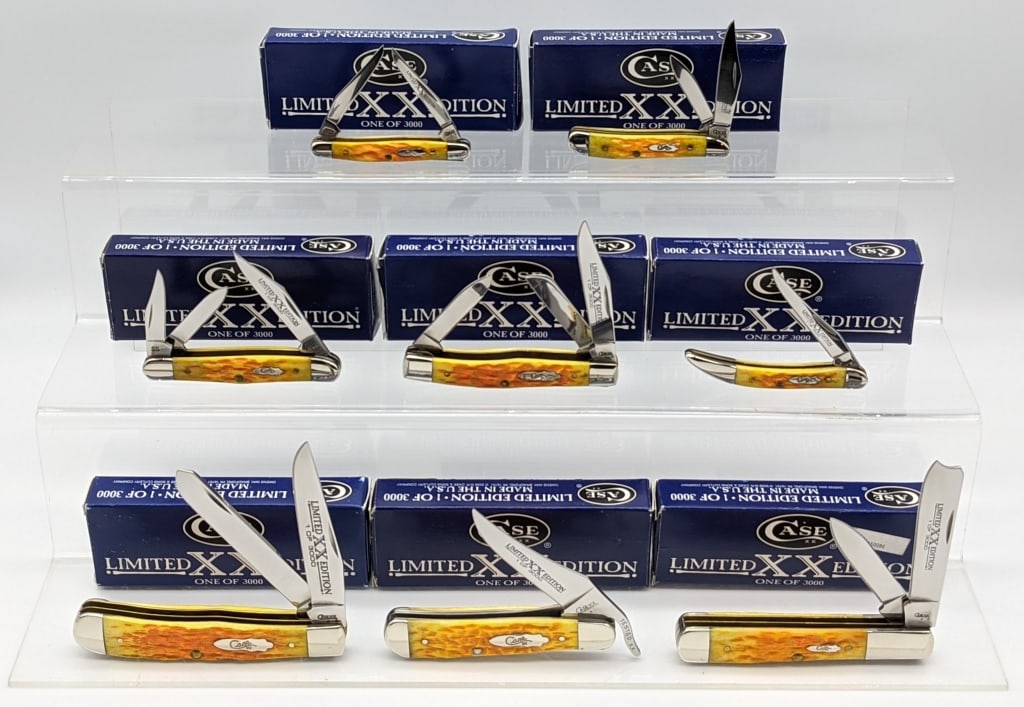 8) 2008 Case XX Limited Sunburst Jig Bone Knives: 8) 2008 Case XX Limited 1 of 3000 Sunburst Jig Bone Knives w/ Boxes. Knives include Tiny Muskrat, Peanut 6220, Russlock 61953L, Tiny Toothpick 610096, Stockman 63032, Trapper 6254, Whittler 6308WH, an