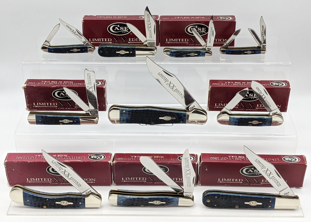 10) 1998 Case XX Limited Dark Blue Jig Bone Knives: 10) 1998 Case XX Limited Dark Blue Jig Bone Knives w/ Boxes. Knives include Copperhead Coke Bottle C61050, Grand Daddy Barlow 6143, Saddlehorn 61100, Dogleg Jack Knife 6240, Mini Copperhead 62109X, Sm