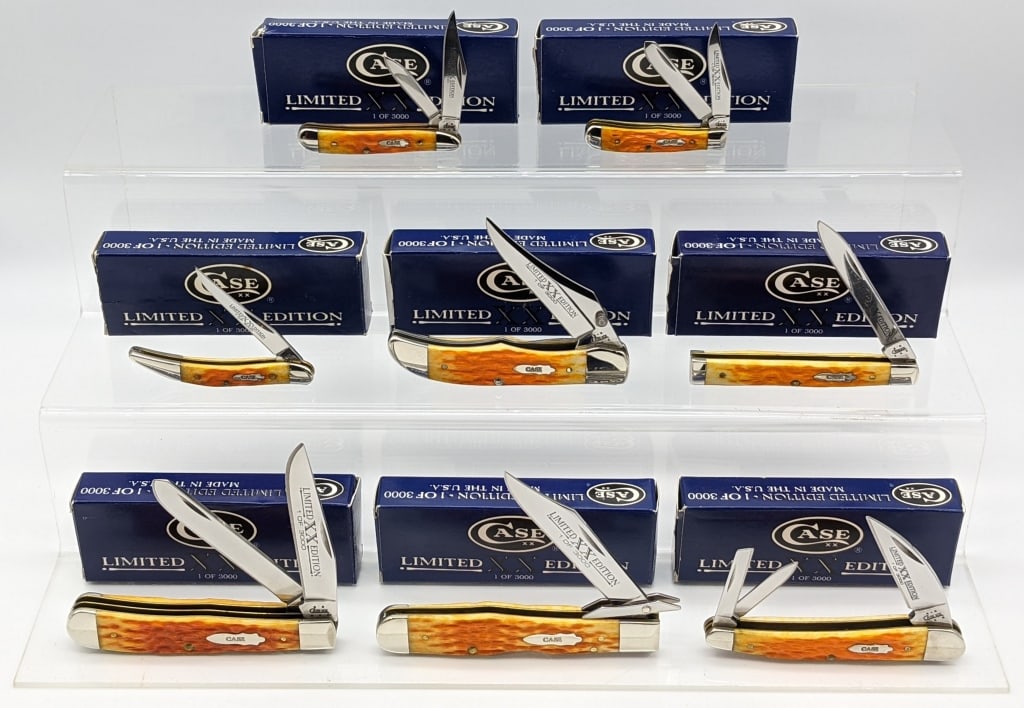 8 2005 Case XX Limited Orange Peel Jig Bone Knives: 8 2005 Case XX Limited 1 of 3000 Orange Peel Jig Bone Knives w/ Boxes. Knives include Doctors Knife 6185, Trapper 6254, Peanut 6220, Mid Folding Hunter 61265LC, Cheetah 6111 1/2, Seahorse Whittler 635