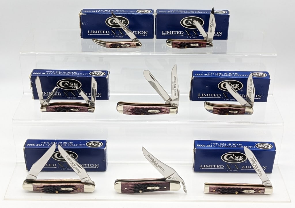 8) 2003 Case XX Limited Cabernet Jig Bone Knives: 8) 2003 Case XX Limited 1 of 3000 Cabernet Jig Bone Knives w/ Boxes. Knives include Pocket Hunter TH62165, Peanut 6220, Congress 6468, Doctors Knife 6185, Texas Toothpick 610096, Muskrat, Trapper 6207