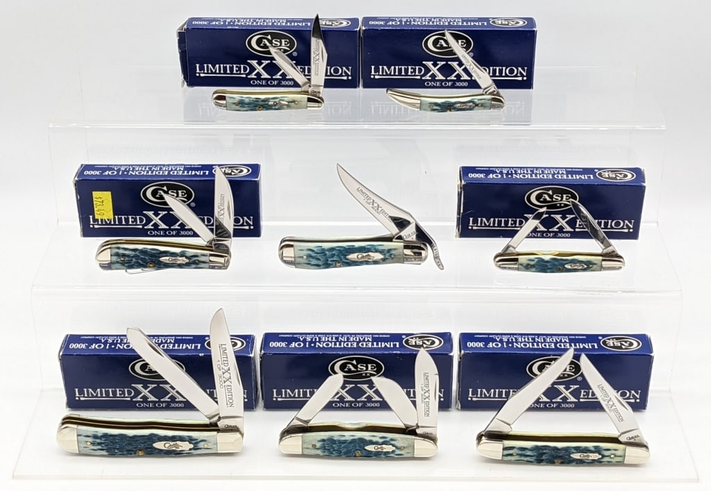 8 2009 Case XX Limited Blue Lagoon Jig Bone Knives: 8) 2015 Case XX Limited 1 of 3000 Blue Lagoon Jig Bone Knives w/ Boxes. Knives include Russlock 61953L, Trapper 6254, Tiny Toothpick 610096, Humpback Stockman 63046, Sway Back Jack TB62117, Peanut 622