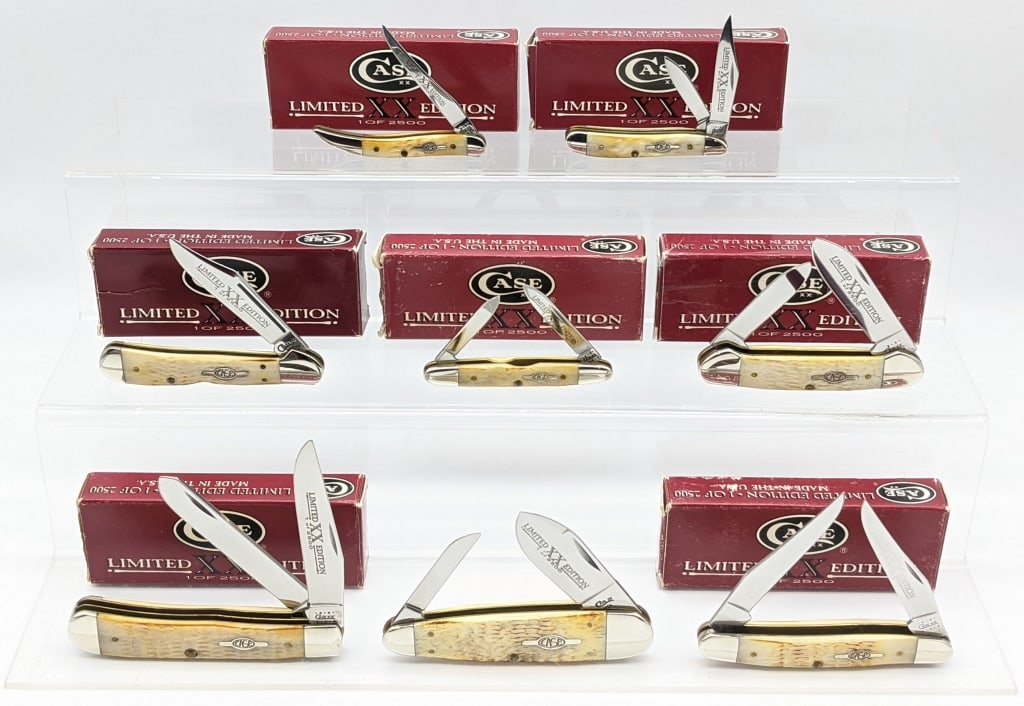 8) 1999-01 Case XX Limited Burnt White Knives: 8) 1999-01 Case XX Limited 1 of 2500 Burnt White Jig Bone Knives w/ Boxes. Knives include Sleeveboard 6270, Trapper 6254, Peanut 6220, Texas Toothpick 610096, Eisenhower 62063, Canoe 62131, Mini Coppe