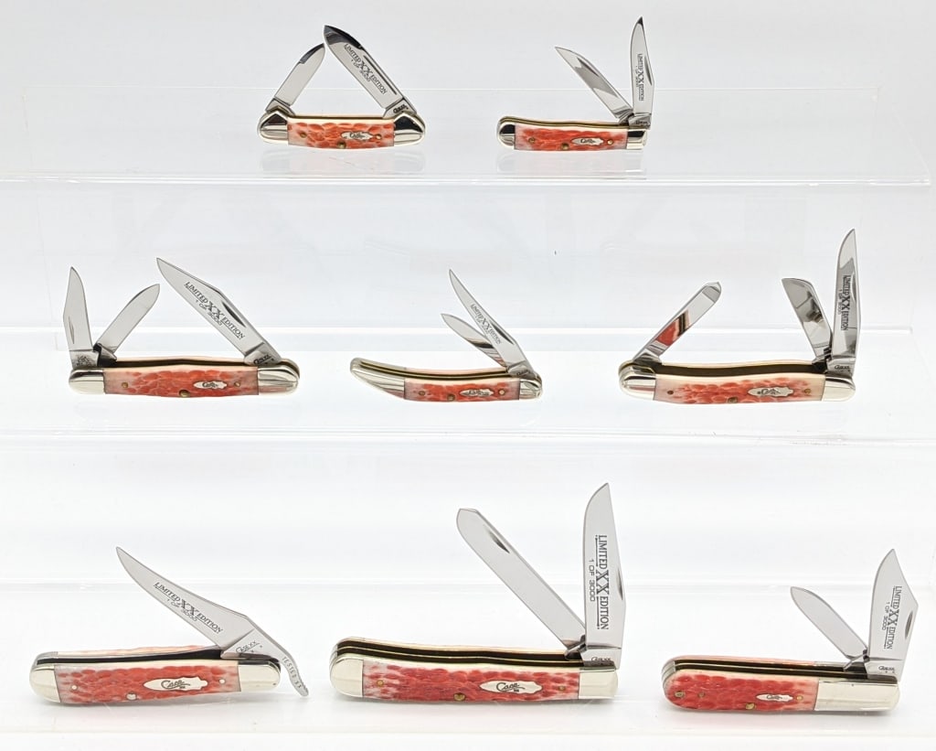 8) 2008 Case XX Limited Salmon Jig Bone Knives: 8) 2008 Case XX Limited 1 of 3000 Salmon Jig Bone Knives. Knives include Trapper 6254, Russlock 61953L, Barlow 62009 1/2, Stockman 6318, Humpback Whittler 6383WH, Mini Trapper 62154W, Baby Butterbean