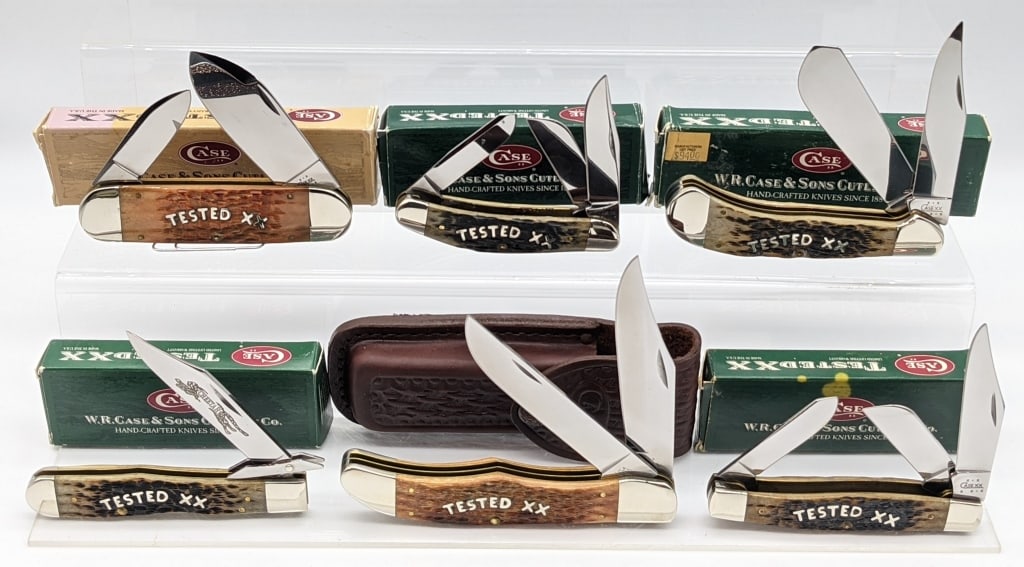 6) 2003-04 Case XX Tested XX Jig Bone Knives: 6) 2003-04 Case XX Tested XX Jig Bone Knives w/ Boxes. Knives include Large Stockman 6375, Cheetah 6111 1/2, Saddlehorn 62100, Elephants Toe 6250, Sowbelly TB6339, and Folding Hunter 6265. Folding hun