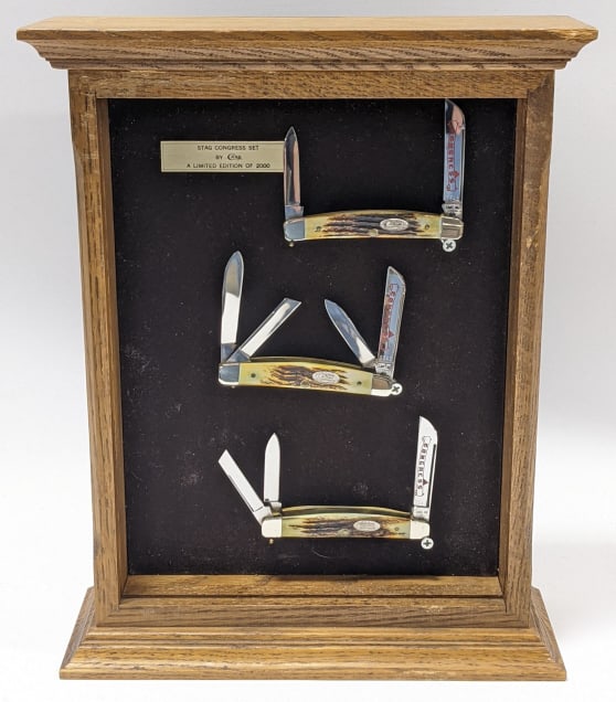 1984 Case XX Stag Congress Set w/ Case: 1984 Case XX Stag Congress Set No. 0543 of 2000 w/ Case. Set features a two blade, a three blade, and a fout blade congress. All knives feature branding etched onto the main blades and production numb
