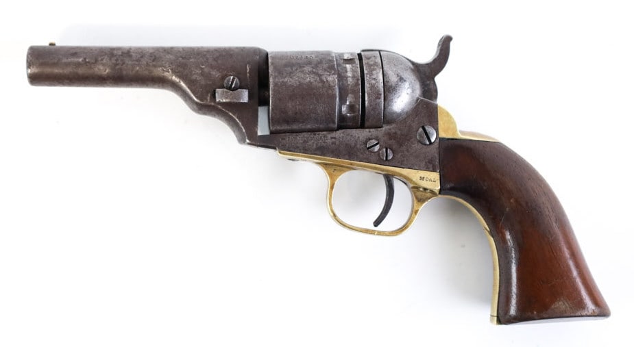 Antique Colt .36 Cal. Five-Shot Revolver: Antique Colt five-shot revolver in .36 caliber. The blued revolver is in good antique condition with a 3.5" barrel. The stagecoach scene on the cylinder is very faint. Not sure of the manufacture date