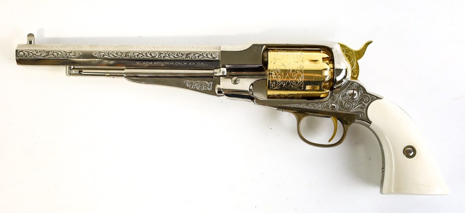 Pietta Remington 1858 .44 Cal Blackpowder Revolver: Italian made F. Lli Pietta Limited Edition functioning reproduction of a Remington 1858 Army six-shot blackpowder revolver in .44 caliber. The nickel and gold plated engraved revolver has a 8" octagon