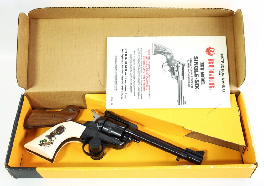 Ruger Single-Six .32 H&R Mag. Revolver In Box: Ruger New Model Single-Six six-shot single action revolver in .32 H&R Magnum. The blued finish revolver is in near new condition and has a 5-1/2" barrel. Comes in the original box with instruction and
