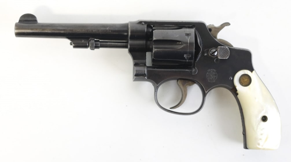 Smith & Wesson Model .32 Hand Ejector Revolver: Smith & Wesson Model .32 Hand Ejector six-shot revolver in .32 Long. The blued revolver is in nice used condition and has a 4.25" barrel. Has mother-of-pearl grips. SN: 378883. Requires FFL transfer.