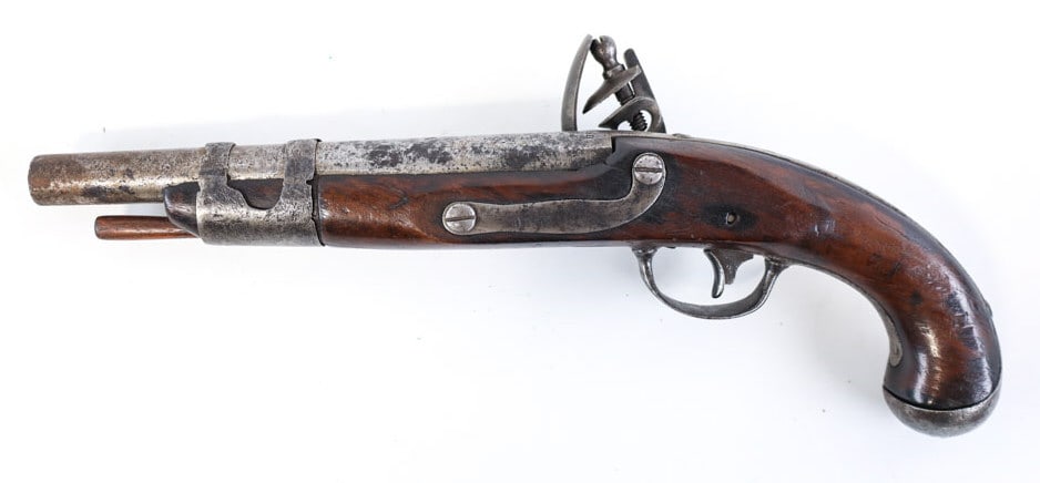 U.S. Johnson Model 1836 .54 Cal. Flintlock Pistol: 1836-39 Robert Johnson Middletown, Mass. U.S. Model 1836 smoothbore single shot flintlock pistol in .54 caliber. The pistol is in functioning condition with heavy wear and pitting, has a 8.5" barrel.
