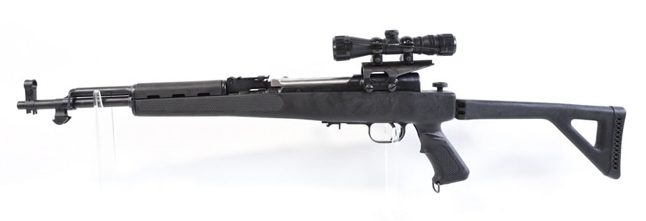 Chinese SKS 7.62 x 39mm Semi-Automatic Rifle: Chinese SKS semi-automatic rifle in 7.62 x 39mm. The black finish rifle has a 16-1/2" barrel with folding stock, Simmons scope, and five magazines. The rifle is in nice used condition. SN: 9227947. FF