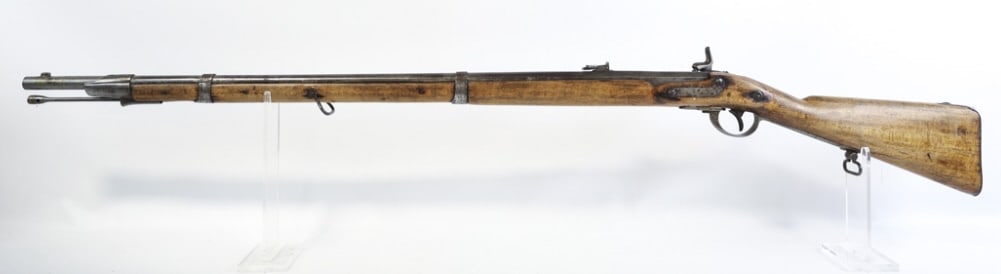 Antique European Military Percussion Rifle: Antique European Military percussion rifle with a 37" barrel. Overall in fair condition, has some damage to the stock above the plate on the left side, functions and has the ramrod. Many proof marks.