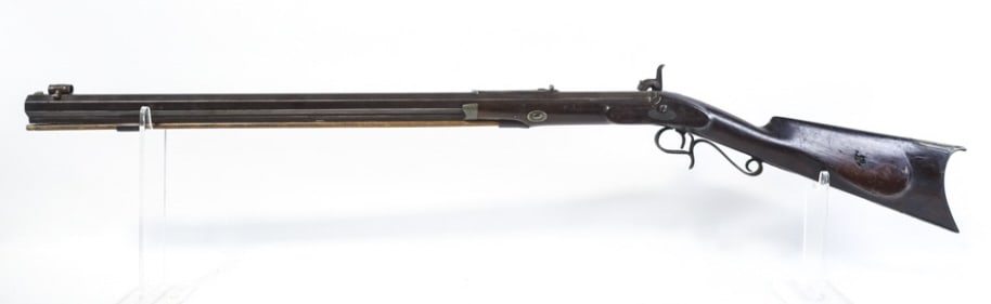 Circa 1880 Nelson Lewis .41 Caliber Muzzleloader: Circa 1880 Nelson Lewis .41 caliber muzzleloading rifle with a 28" octagon barrel. Features brass furniture and an engraved hammer. Comes with the ramrod, brass patch compartment, and hooded sight. Fa