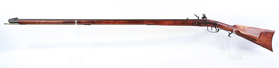Unmarked Working Replica Kentucky Long Rifle: Unmarked working replica flintlock Kentucky Long Rifle in an unknown smaller caliber. The full-stock rifle has a 44" barrel and is in great condition with some light wear. Bore is in excellent conditi